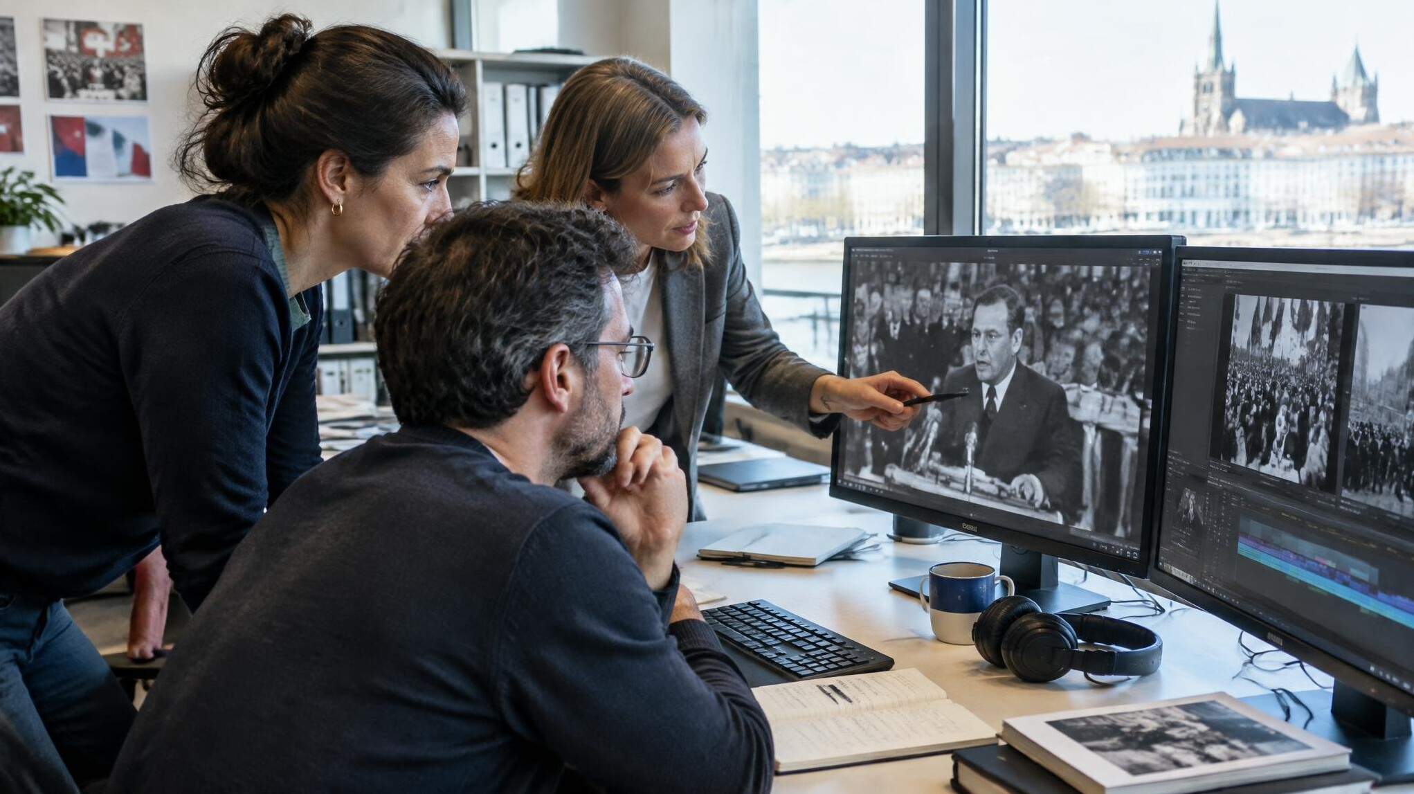 Small editorial team reviewing archive footage in a newsroom