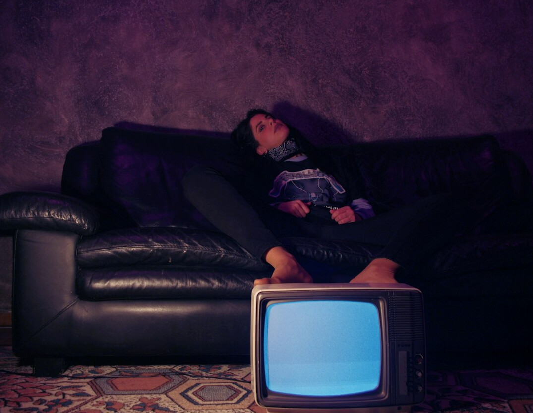 family watching old tv